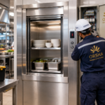 ORSHA technician performing Dumbwaiter AMC Service on a kitchen lift electrical control panel