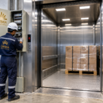 ORSHA technician performing Goods Lift AMC Service on an industrial elevator control panel