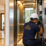 ORSHA technician servicing a residential home lift electrical control panel