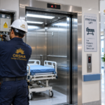 ORSHA technician servicing a hospital stretcher lift electrical control panel
