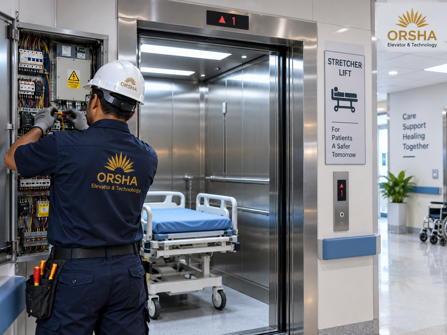 Hospital & Stretcher Lift AMC Service ORSHA (2) ORSHA technician servicing a hospital stretcher lift electrical control panel