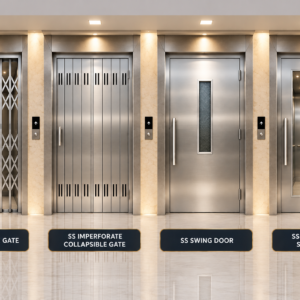 ORSHA SS Manual Passenger Lift Door Designs – SS Collapsible Gate, SS Imperforate Collapsible Gate, SS Swing Door and SS Glass Vision Swing Door